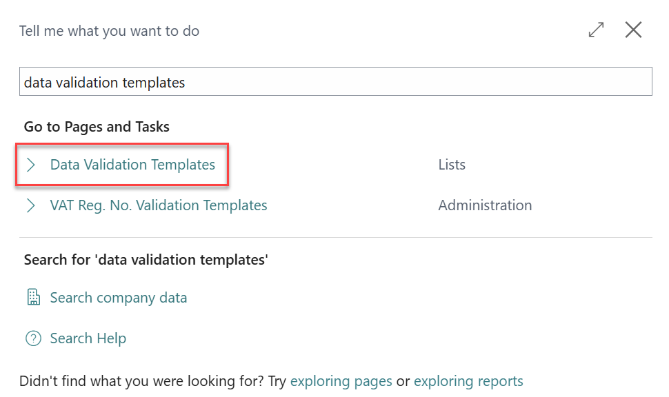 data validation templates Business Central