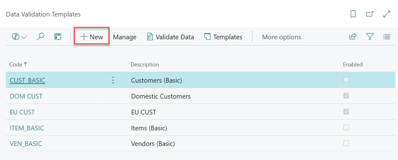 create new data validation template Business Central