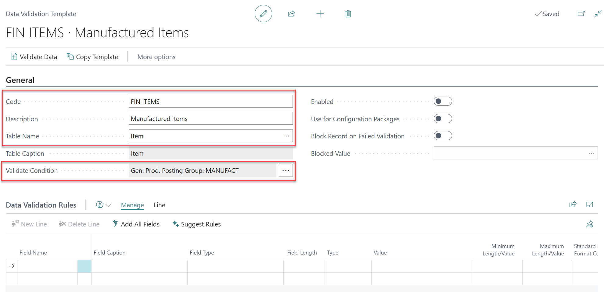 code and description Business Central
