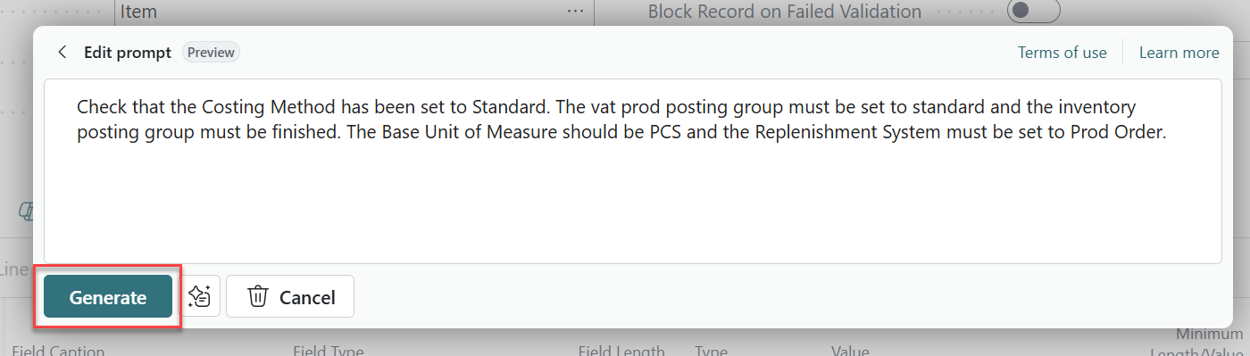 write a prompt Business Central