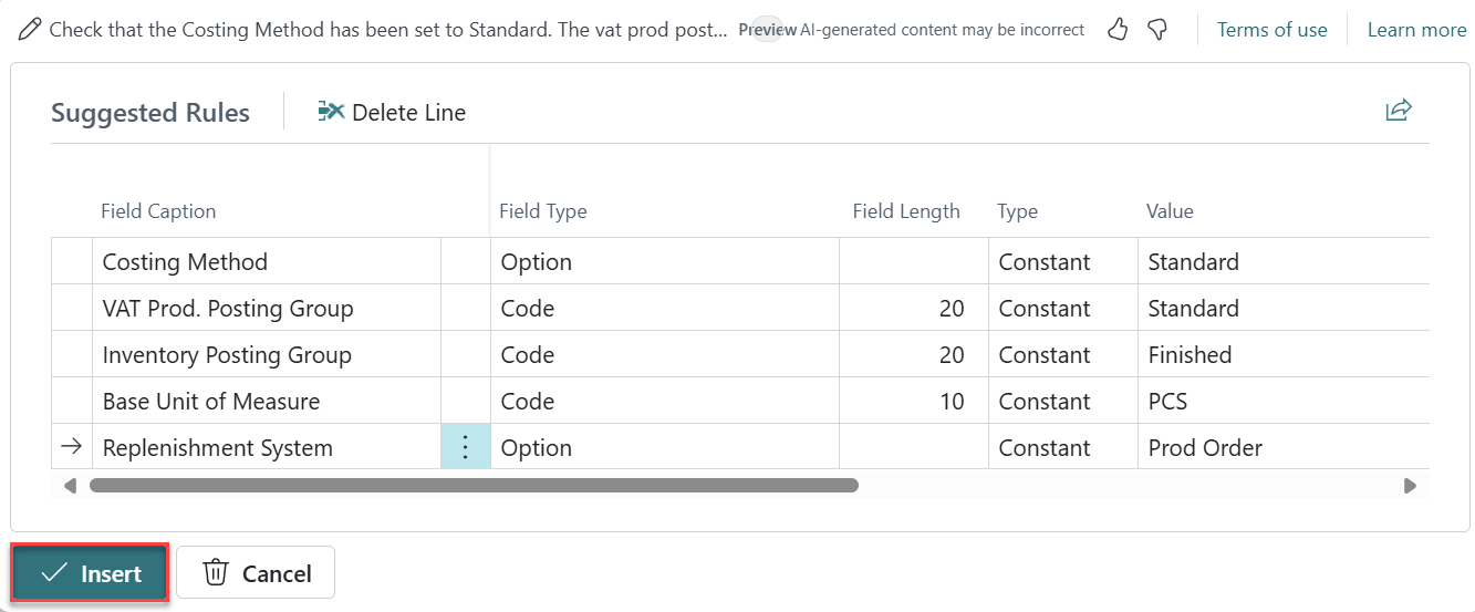 insert rule Business Central