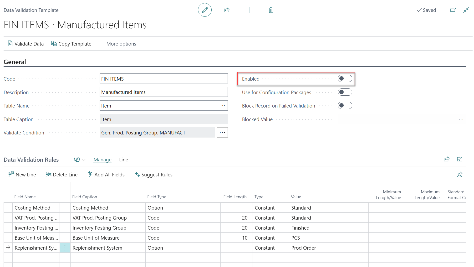 enabling rules Business Central