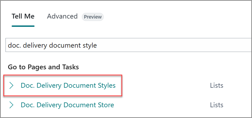 Doc Delivery Document Styles Page in Business Central